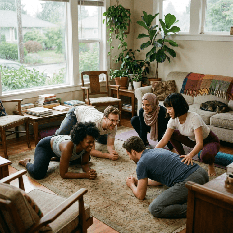 Five people doing a group workout in a living room on a carpeted floor