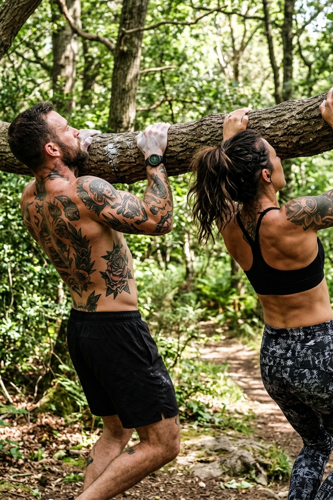 Man and woman lifting a heavy tree branch in a wooded area